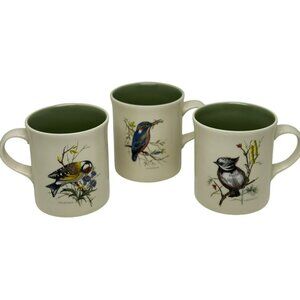 VTG Bird Coffee Mug Set of 3 Goldfinch, Cardinal Chickadee, Cream & Green, 4.75"